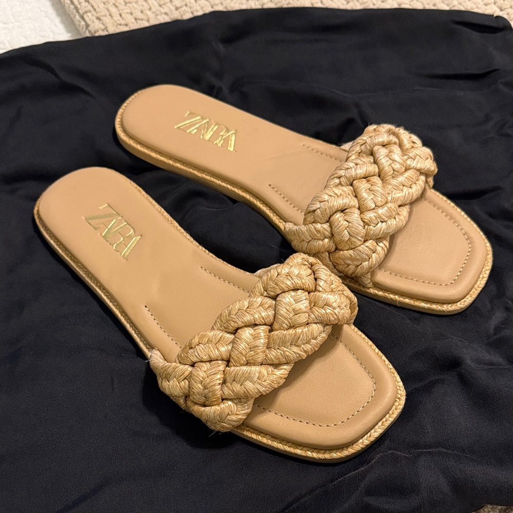 Zara Braided Slide Sandals in Tan